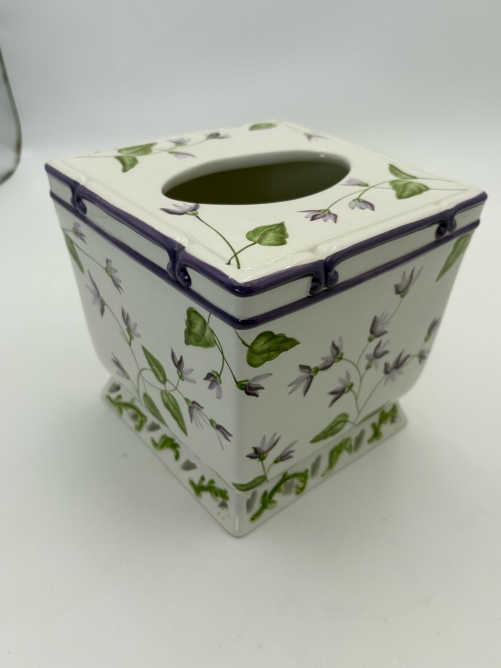 Veratex Violets Floral Ceramic Tissue Box Cover in White with Purple Trim